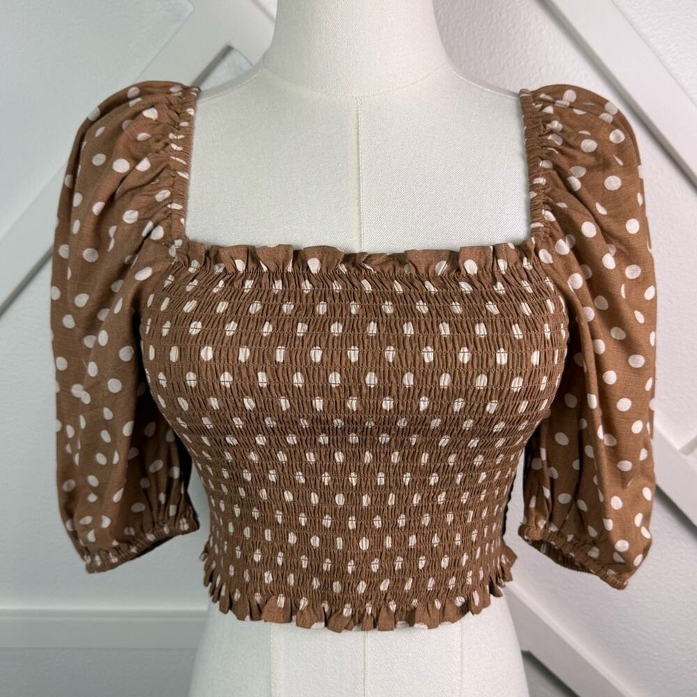 NWT Mister Zimi Mia Brown Dot Smocked Puff Sleeve Crop Top AUS 10 / US 6